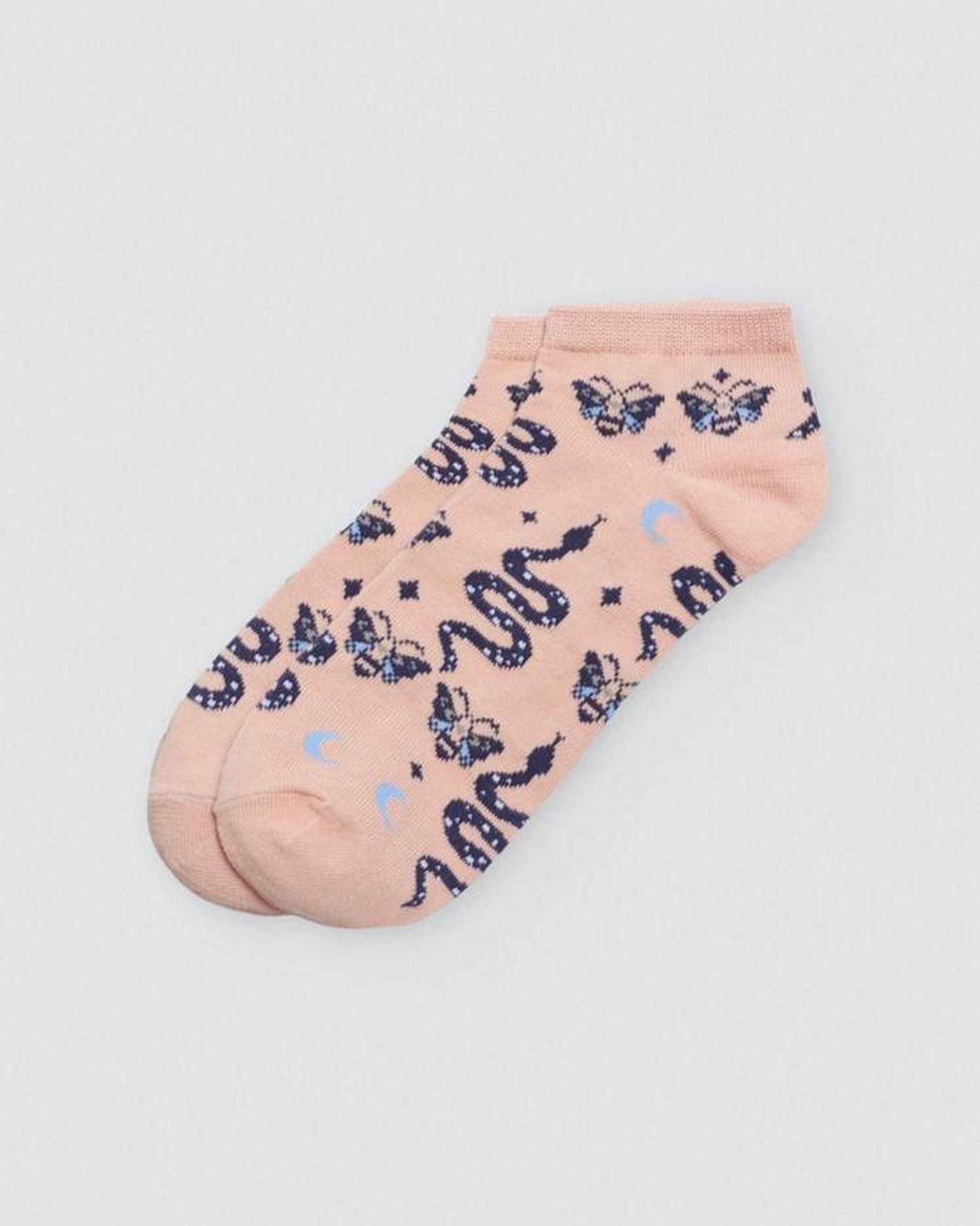 Ysabel Mora Snake & Bees Sock - Peach coloured low ankle cotton socks with snakes, bees, moons and stars pattern in navy and light blue.