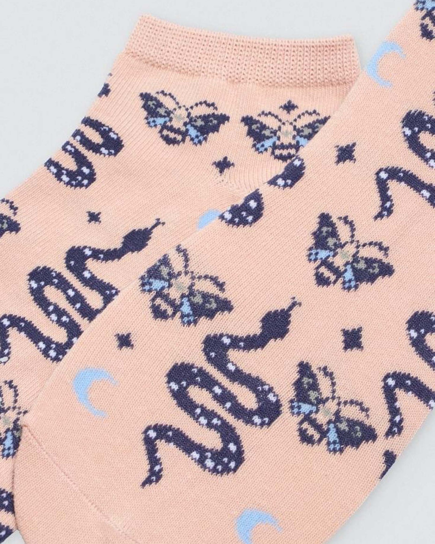 Ysabel Mora Snake & Bees Sock - Peach coloured low ankle cotton socks with snakes, bees, moons and stars pattern in navy and light blue.