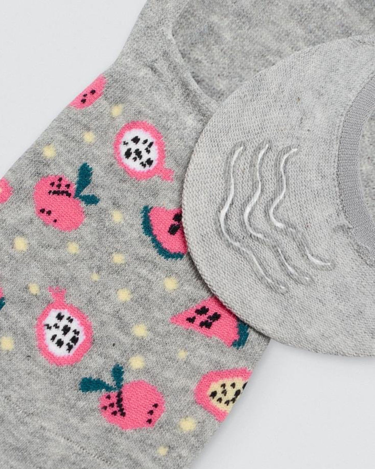 Ysabel Mora 1244 Fruity Shoe Liners - Light fleck grey cotton no show shoe liner footies with watermelon, apple and pomegranate pattern in shades of pink, green and yellow. Close up detail.