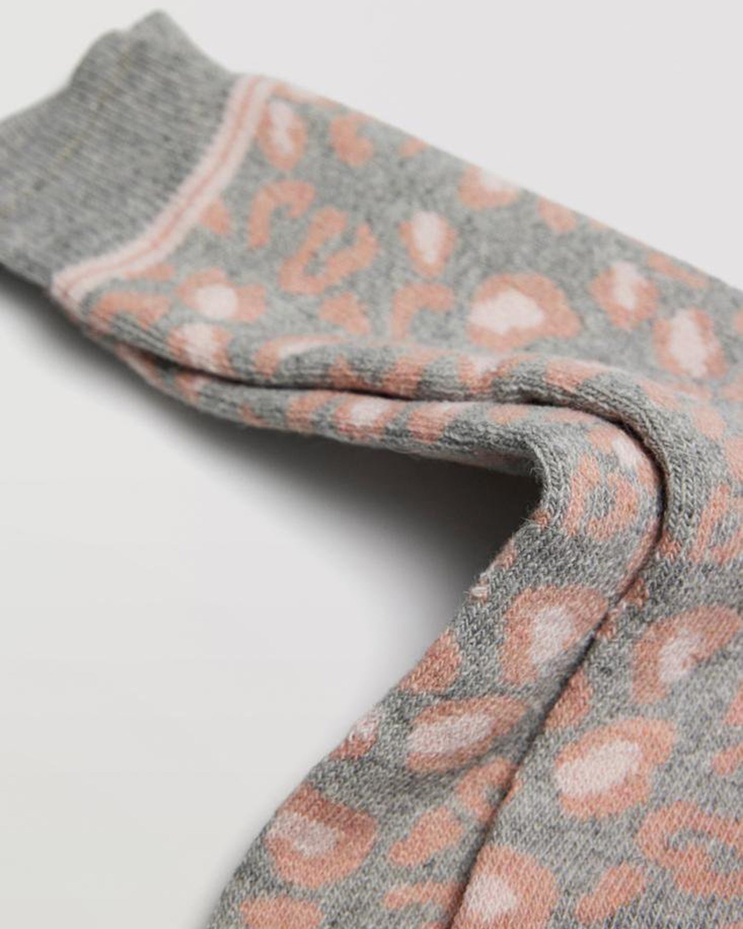 Ysabel Mora 12889 Leopard Print Angora Sock - Warm wool and angora mix light grey thermal socks with a pale peach leopard print style pattern, shaped heel and deep elasticated comfort top.