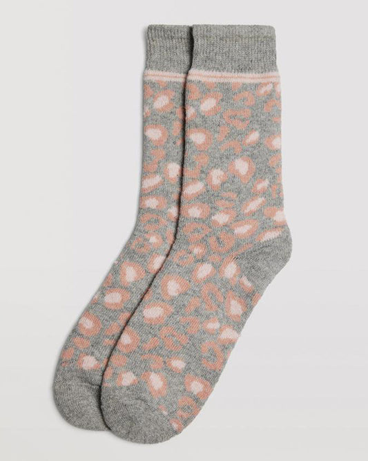 Ysabel Mora 12889 Leopard Print Angora Sock - Warm wool and angora mix light grey thermal socks with a pale peach leopard print style pattern, shaped heel and deep elasticated comfort top.