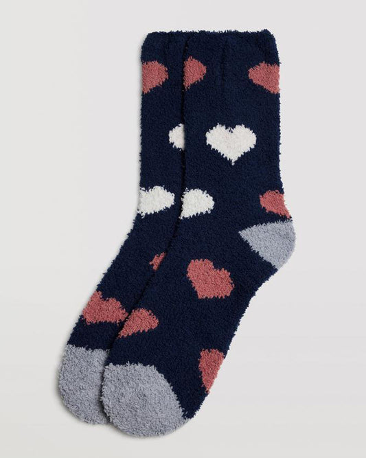 Ysabel Mora 12890 Fluffy Heart Socks - Warm and fluffy navy house socks with a heart pattern in cream and terracotta, light grey heel and toe and anti-pressure cuff.