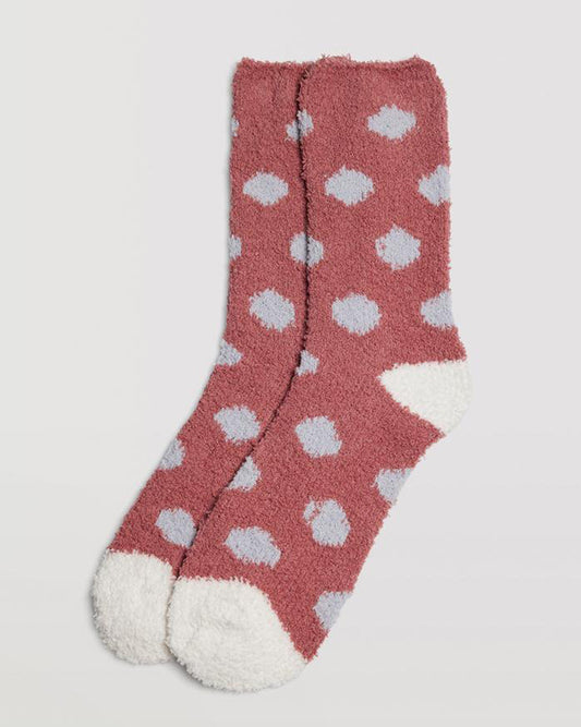 Ysabel Mora 12890 Fluffy Polka Dot Socks - Warm and fluffy terracotta house socks with a light grey polka dot pattern, cream heel and toe and anti-pressure cuff.