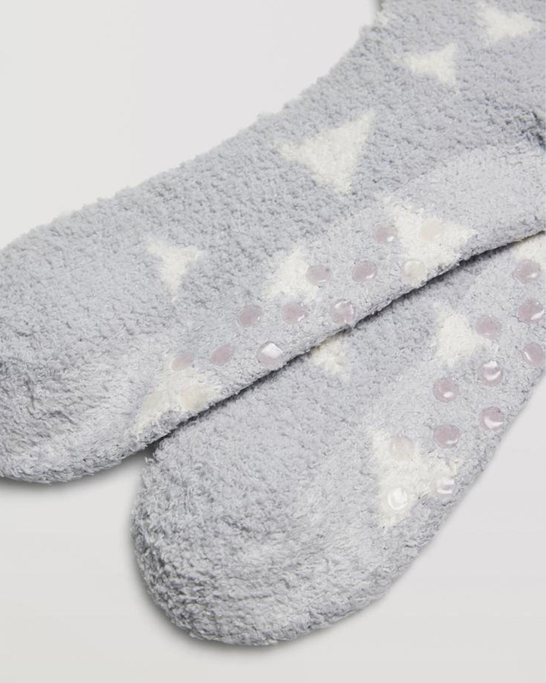 Ysabel Mora 12891 Triangle Slipper Socks - Warm and fluffy light grey slipper socks with an all over cream triangular pattern, dotted anti-slip grippers on the sole and anti-pressure cuff.
