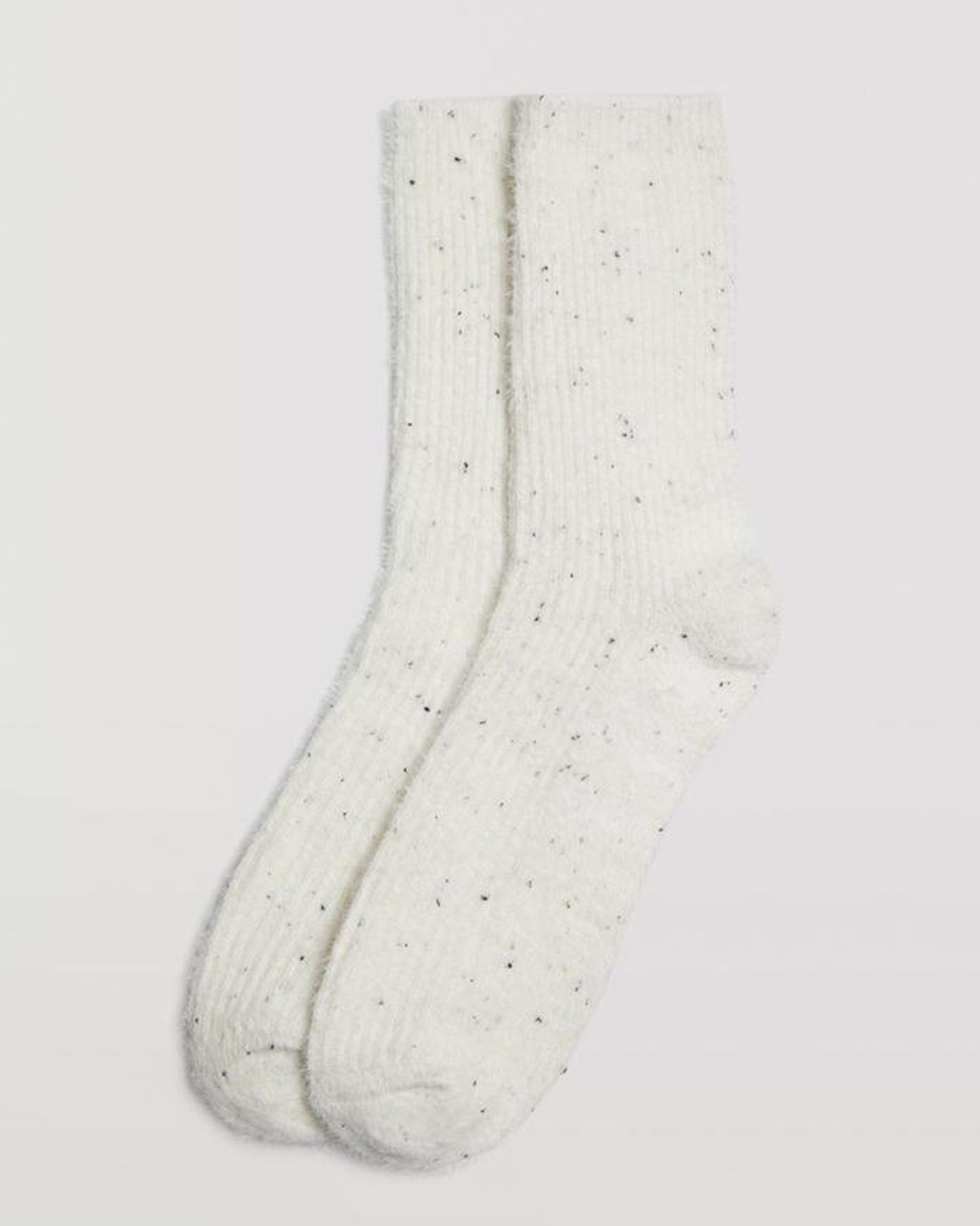 Ysabel Mora 12910 Fluffy Rib Socks - Soft and warm fluffy ribbed ivory cream coloured socks with a subtle black fleck, plain sole, shaped heel and flat toe.