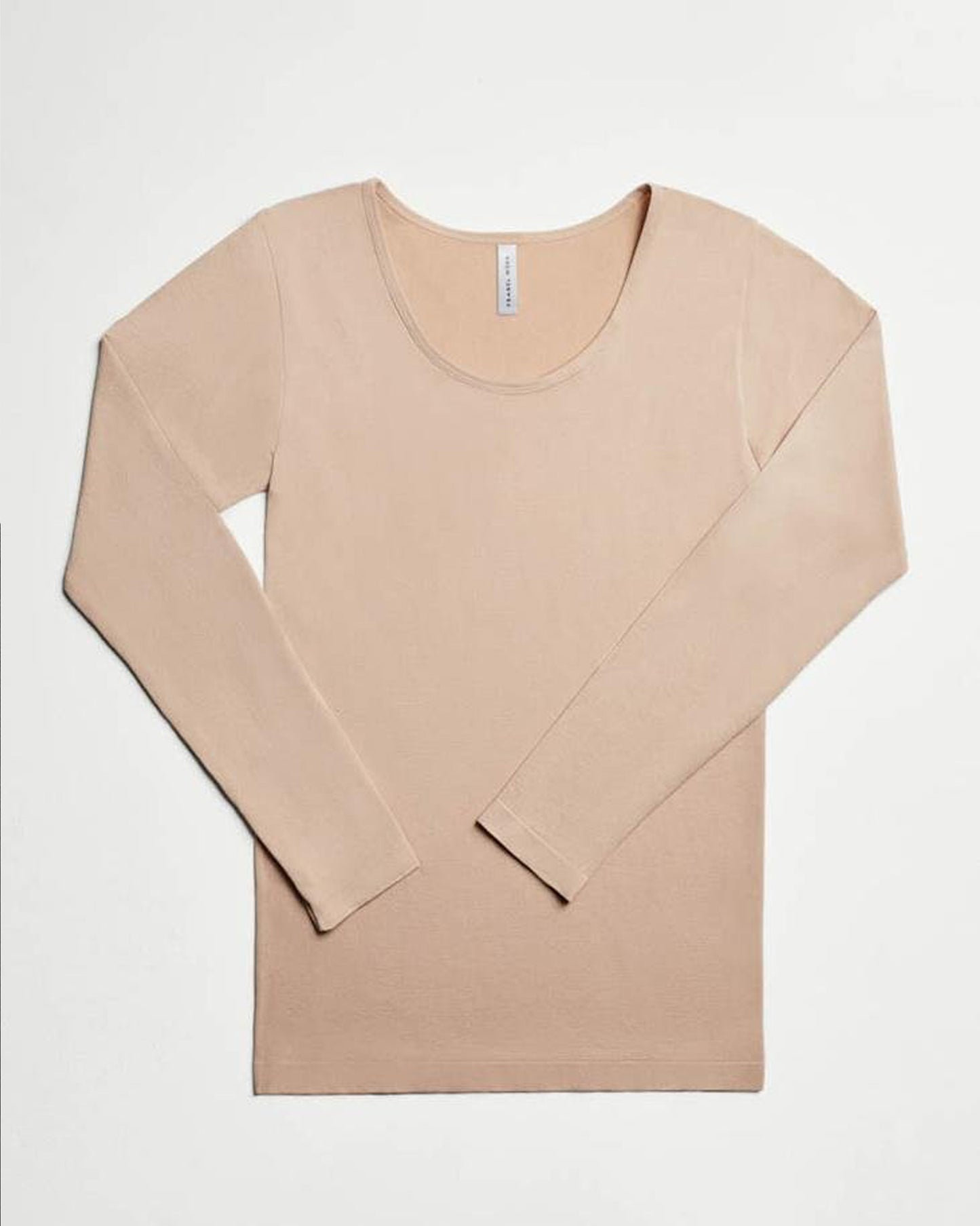 Ysabel Mora Long Sleeve Top - Light beige soft and stretchy microfibre top with round neck and long sleeves, perfect for wearing as a base layer or on its own.