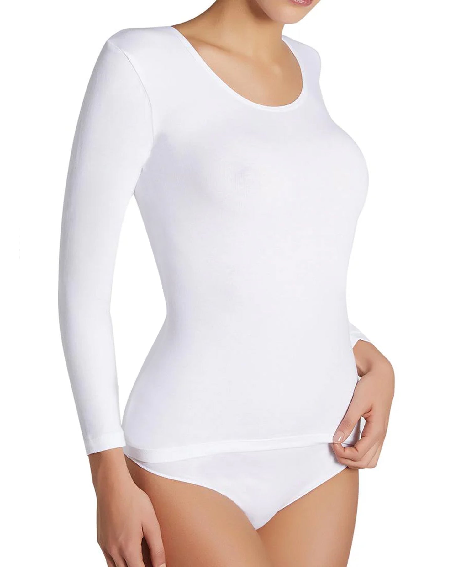 Ysabel Mora Long Sleeve Top - White soft and stretchy microfibre top with round neck and long sleeves, perfect for wearing as a base layer or on its own.