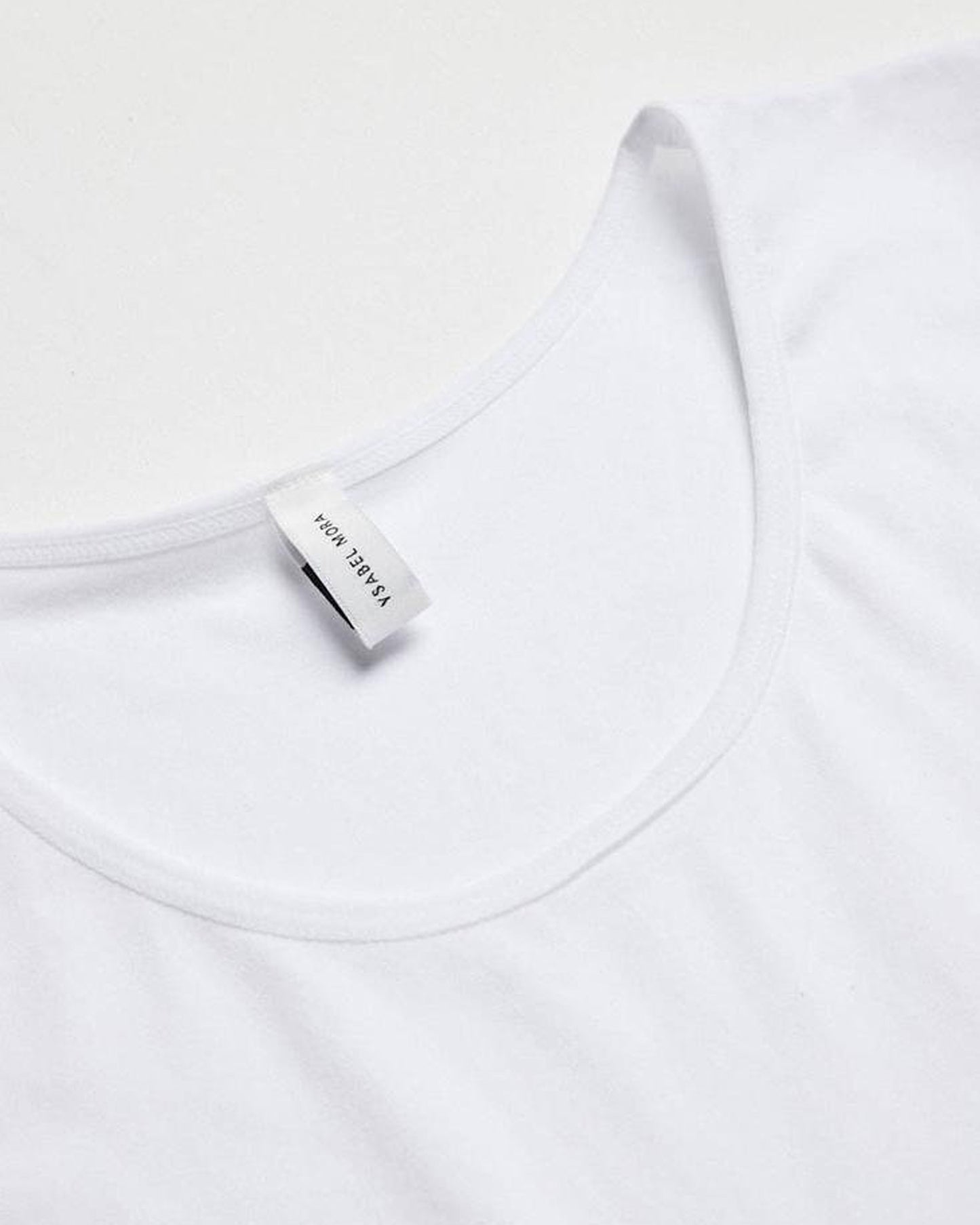 Ysabel Mora Long Sleeve Top - White soft and stretchy microfibre top with round neck and long sleeves, close up of crew neck.