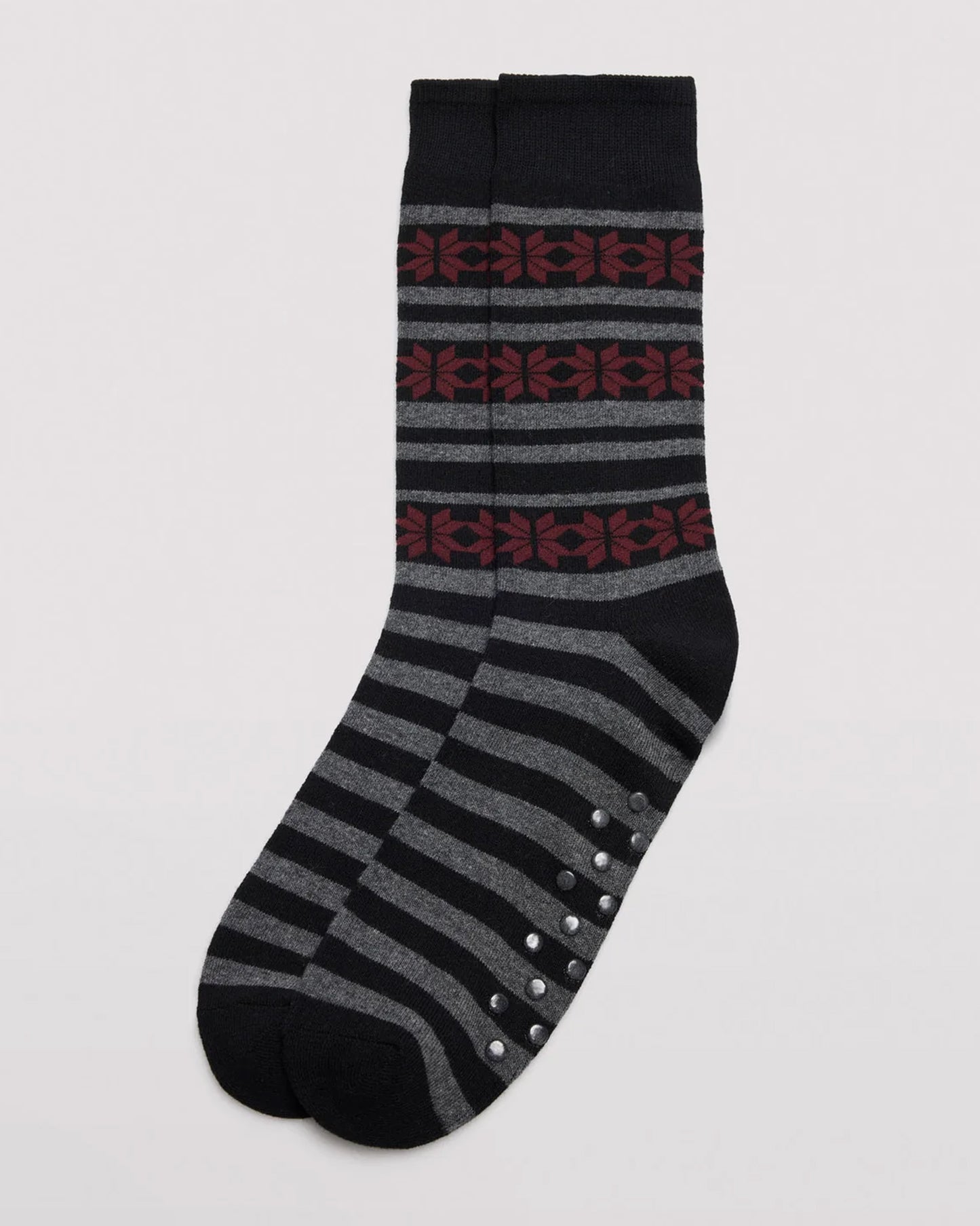 Ysabel Mora 22167 Snowflake Slipper Socks - Men's cotton crew length cotton ankle socks with a horizontal pattern of snowflakes and stripes in shades of grey, black and dark red, dotted non-slip gripper sole, flat toe seam, shaped heel and deep comfort cuff.