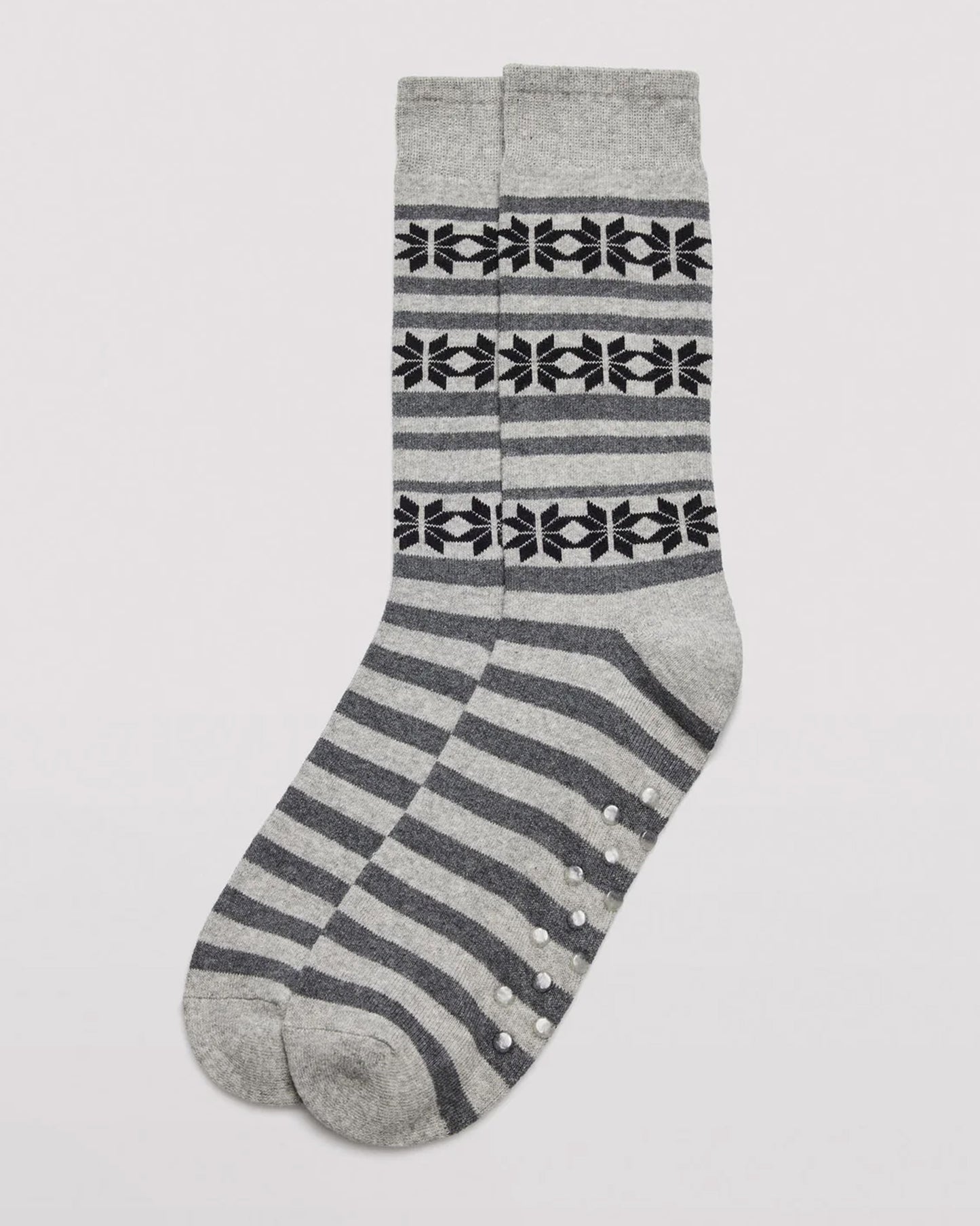 Ysabel Mora 22167 Snowflake Slipper Socks - Men's cotton crew length cotton ankle socks with a horizontal pattern of snowflakes and stripes in shades of grey and black, dotted non-slip gripper sole, flat toe seam, shaped heel and deep comfort cuff.