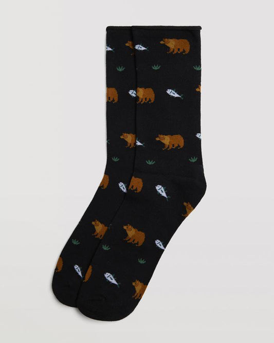 Ysabel Mora Bear & Fish Socks - Black cotton mix crew length no cuff ankle socks with a brown bear, fish and tuffs of grass pattern.