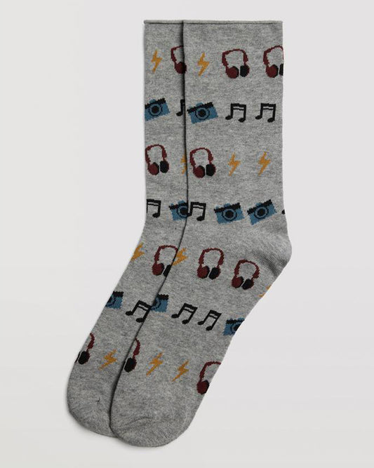 Ysabel Mora 22877 Muic Socks - Light grey cotton mix crew length ankle socks with a music themed pattern of music notes, headphones, lightning bolts and cameras.