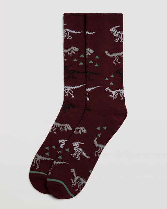 Ysabel Mora 22885 Dinosaur Sock - Wine thick and warm terry lined thermal cotton no cuff ankle socks with an all over dinosaur skeleton pattern in light grey, black and white with sage green triangle mountain symbols.