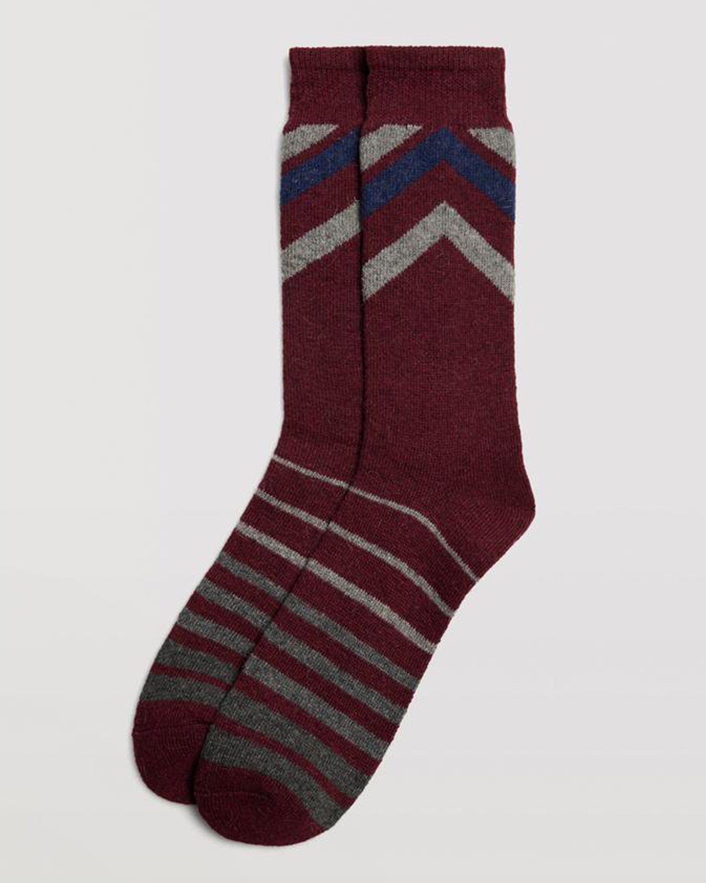 Ysabel Mora 22891 Stripes Thermal Socks - Warm wine thermal wool and angora mix socks with a zig-zag stripe top in light grey and navy and a horizontal stripe on the foot in shades of grey.