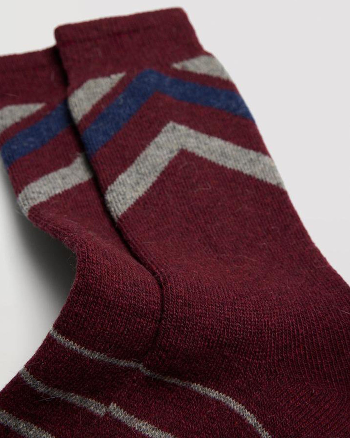 Ysabel Mora 22891 Stripes Thermal Socks - Warm wine thermal wool and angora mix socks with a zig-zag stripe top in light grey and navy and a horizontal stripe on the foot in shades of grey.