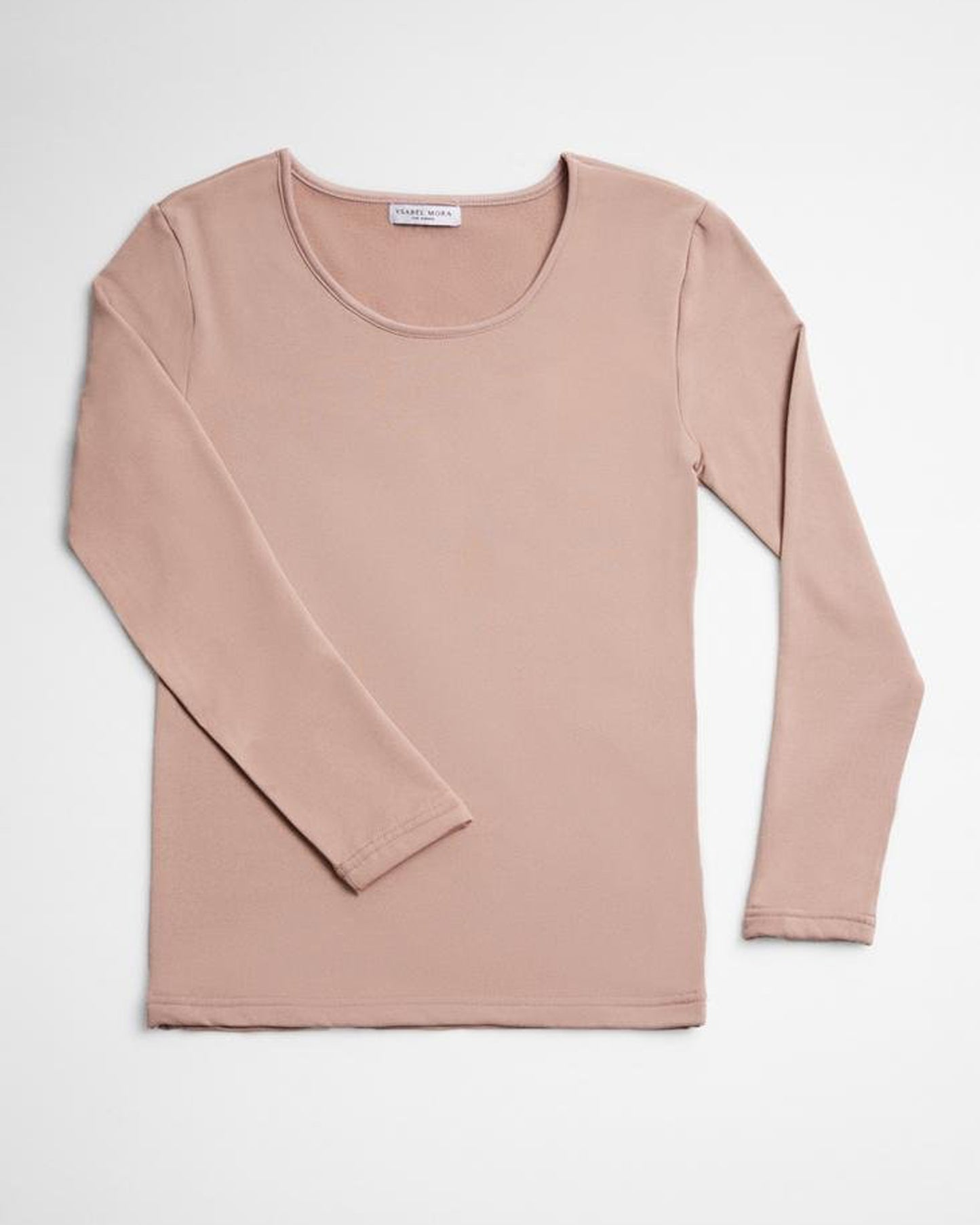 Ysabel Mora - 70002 Taupe Beige Thermal Fleece Lined Crew Neck Top, worn with light grey leggings.