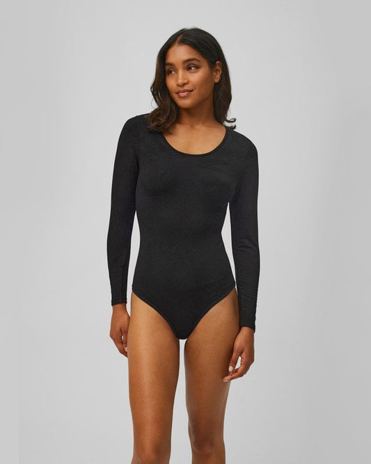 Ysabel Mora 70016 Thermal Body-Top - Soft and warm black fleece lined long sleeved body-top with a round neck and hook and eye fastener closures.