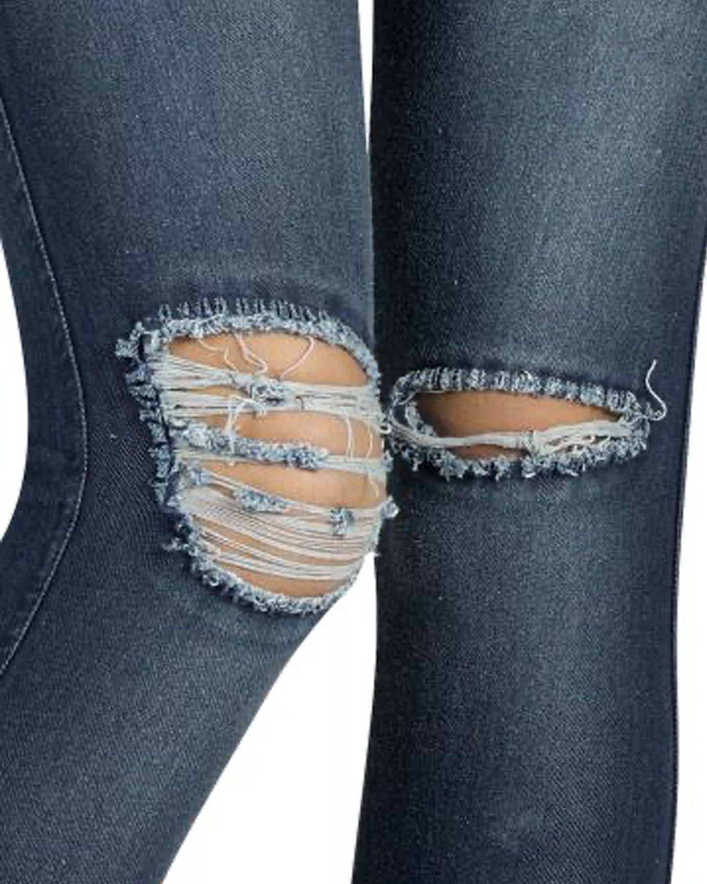 Ysabel Mora - 70213 Ripped Distressed Jeans - dark denim blue stretch cotton jeans/jeggings, close up detail of holes.