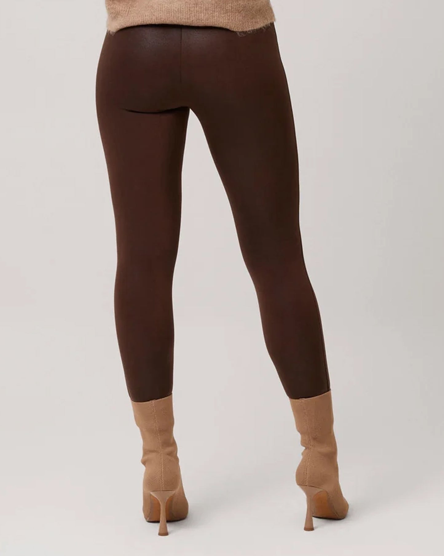 Ysabel Mora 70293 Waxed Thermal Leggings - Back view of chocolate brown high waisted thermal trouser leggings with waxed effect print and warm plush fleece lining.