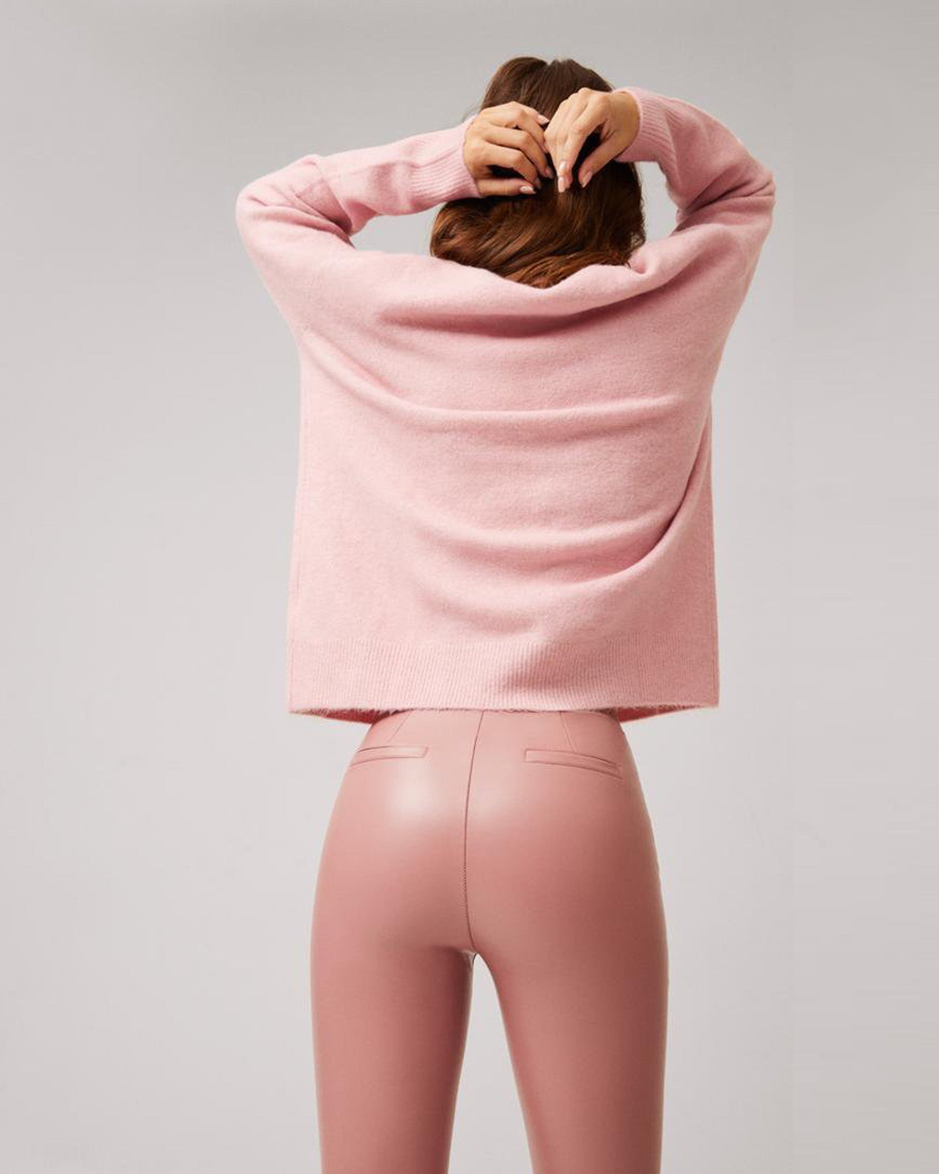 Ysabel Mora 70296 Faux Leather Cropped Pants - Pale dirty pink flared crop faux leather thermal leggings with a soft and warm plush lining. Worn with a light dusty pink knitted jumper.