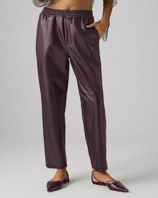 Ysabel Mora 70418 Faux Leather Pants - Loose fitting dark aubergine purple faux leather thermal trousers with side pockets, elasticated waistband, drawstrings, taped leg and soft, warm plush fleece lining.