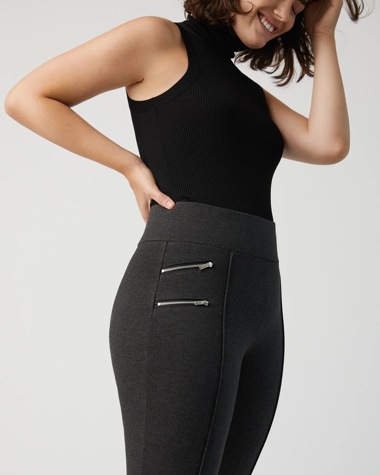 Ysabel Mora 70273 Leggings - Dark fleck grey jodhpur style high waisted leggings with silver side zips, raised centre seam down the leg and deep slimming waist band. Worn with black tank top.