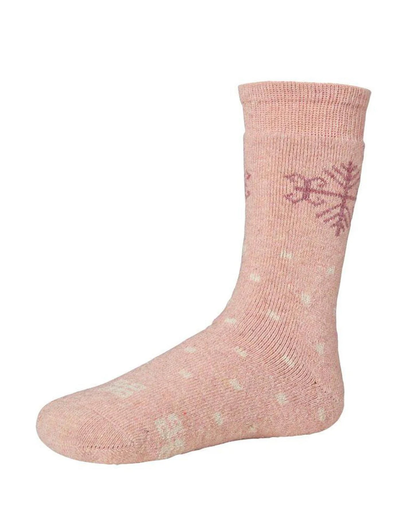Ysabel Mora 12720 Snowflake Sock - Warm and cozy thick knitted pale light pink socks with a touch of wool and angora, with a snowflake motif and all over dotted square pattern.