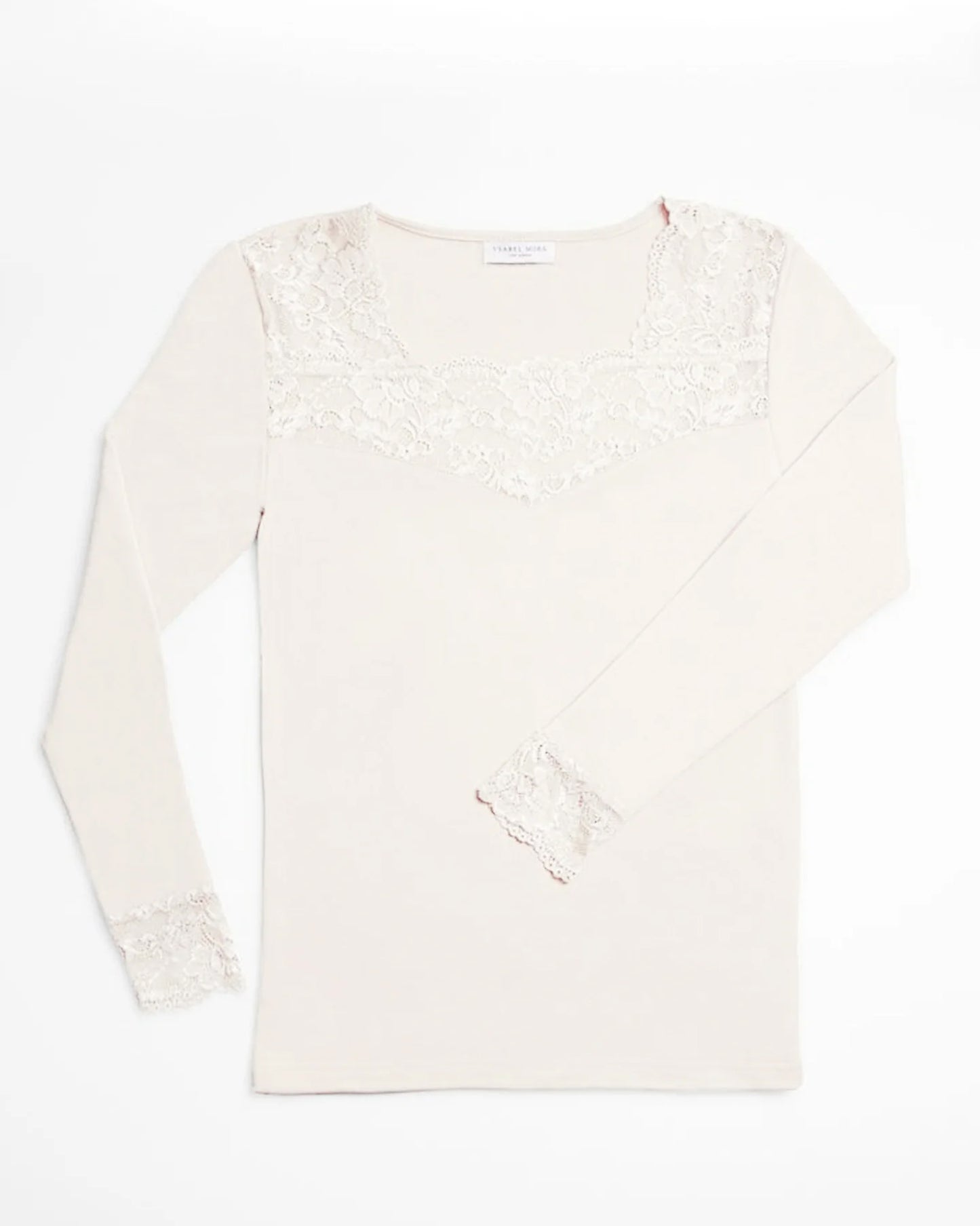 Ysabel Mora 70005 Thermal Lace Top - Cream soft and warm fleece lined long sleeved vest with floral lace trim and cuffs.