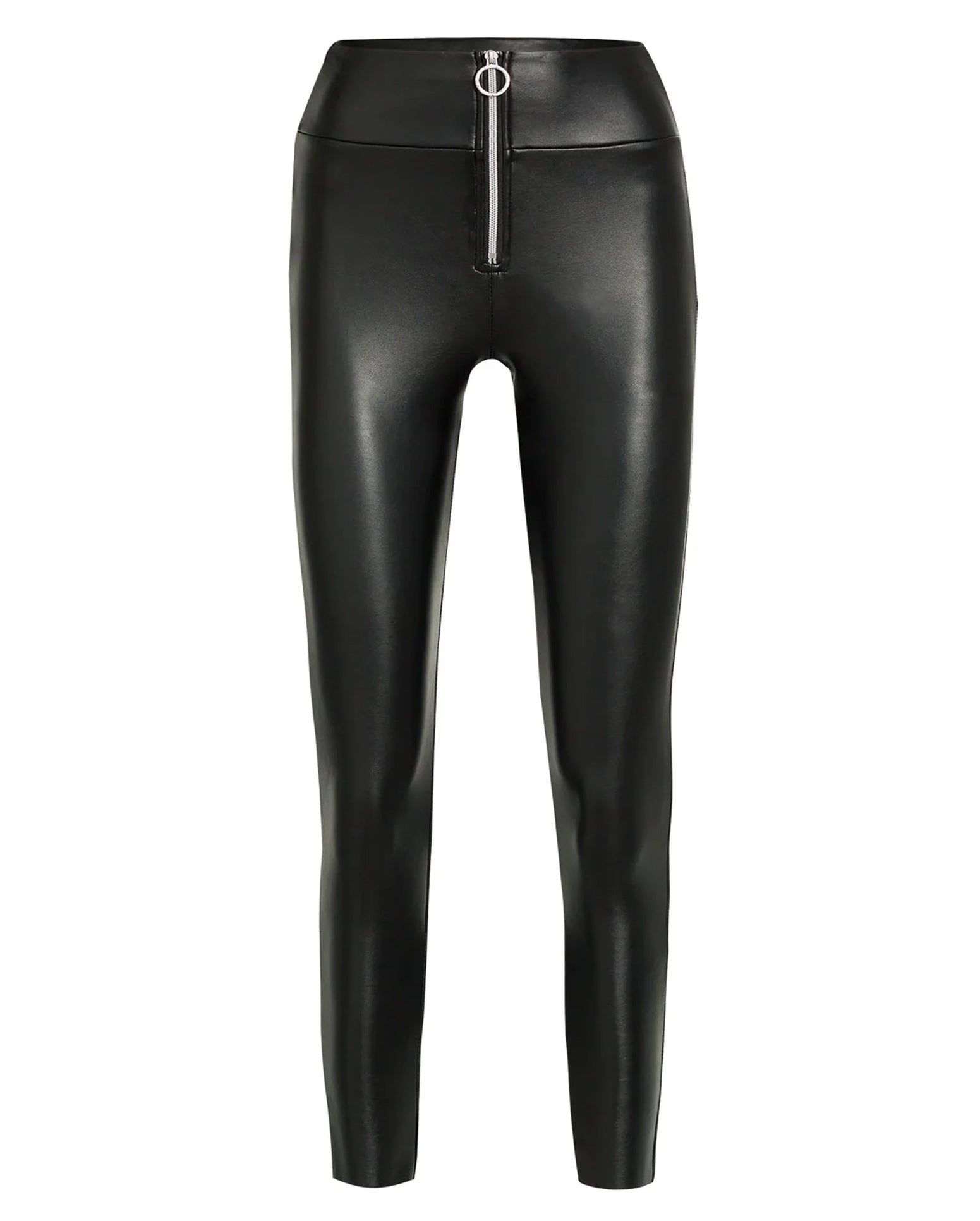 Ysabel Mora 70281 Leggings - Black high waisted faux leather fleece lined trouser leggings with zip closure, ring pull, deep waist band with darts at the back to ensure a snug fit.