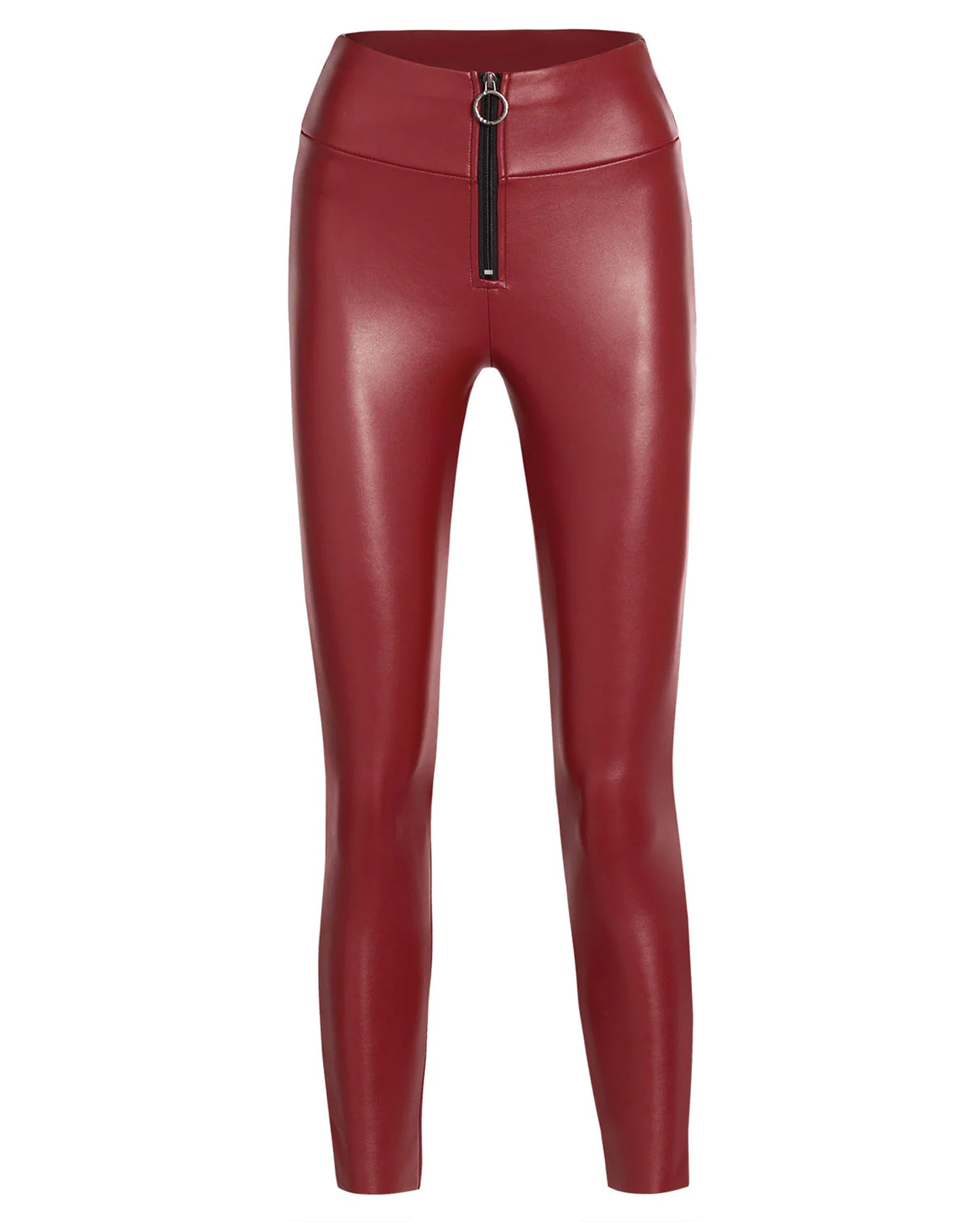 Ysabel Mora 70281 Leggings - Maroon dark red high waisted faux leather fleece lined trouser leggings with zip closure, ring pull, deep waist band with darts at the back to ensure a snug fit.