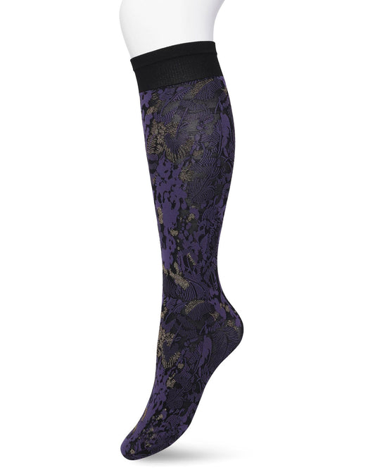 Bonnie Doon Botanical Lurex Knee-highs - Dark purple soft matte opaque fashion knee-high socks with a woven leaf style pattern in black and sparkly metallic gold and deep black comfort cuff.