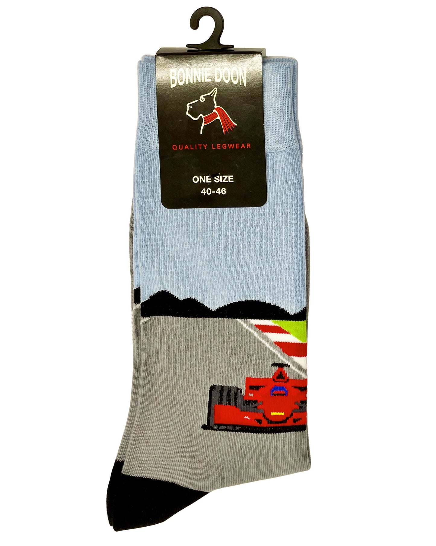 Bonnie Doon Formula Racing Sock - (Packaging) Men's cotton crew length sock with racing car and track scene pattern, perfect for the formula 1 fan in your life.