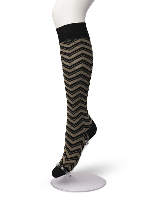 Bonnie Doon LL201501 Glittering Zig Zag Knee-high - Black cotton knee-high socks with a gold sparkly metallic zig-zag pattern, elasticated comfort cuff, shaped heel and flat toe seams.