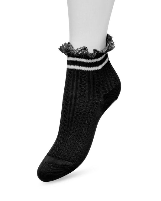 Bonnie Doon Sporty Lace Sock - Light weight black cable knitted style low ankle socks with a lace frill cuff with white double sports stripe, shaped heel and flat toe seam.