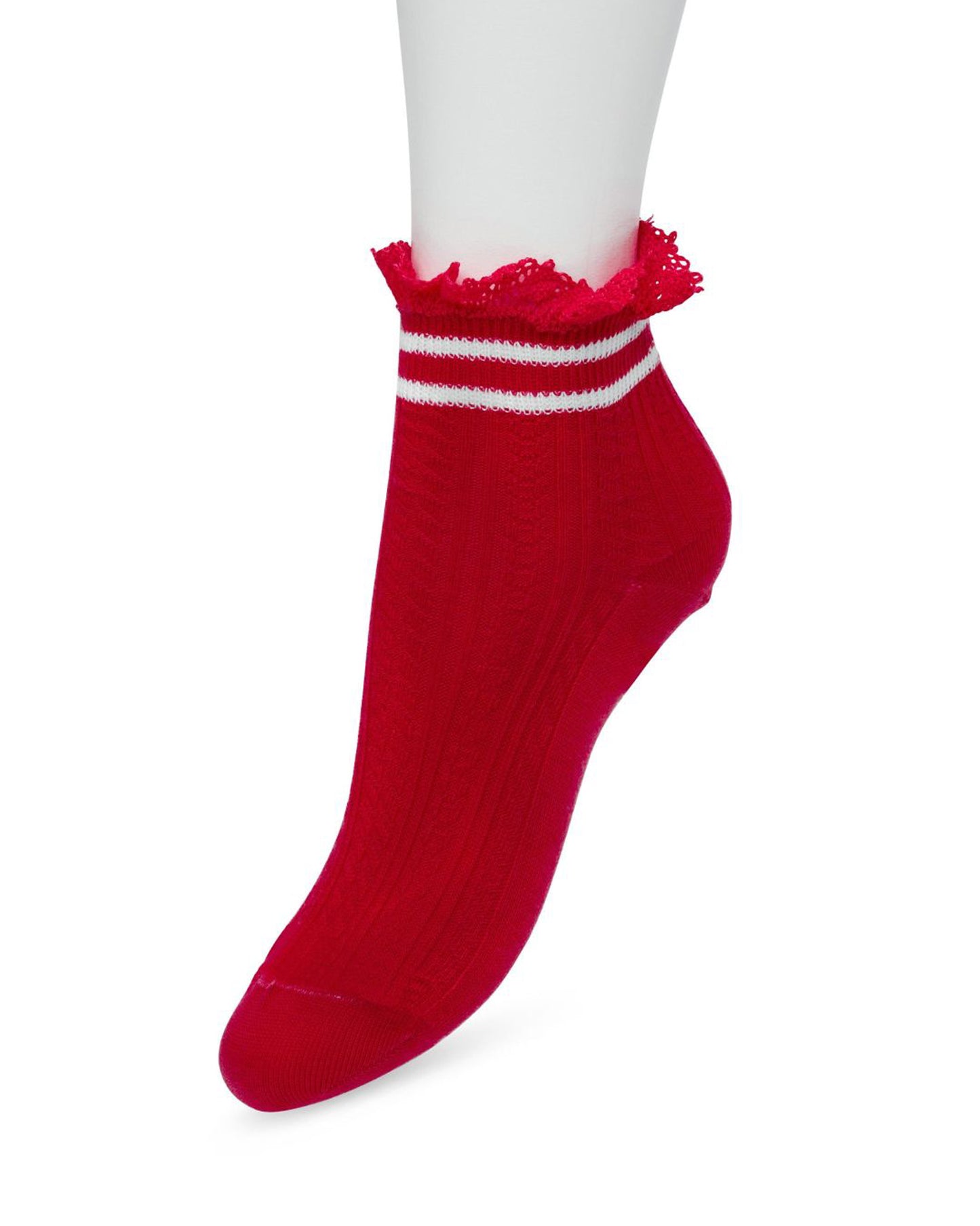 Bonnie Doon Sporty Lace Sock - Light weight red cable knitted style low ankle socks with a lace frill cuff with white double sports stripe, shaped heel and flat toe seam.