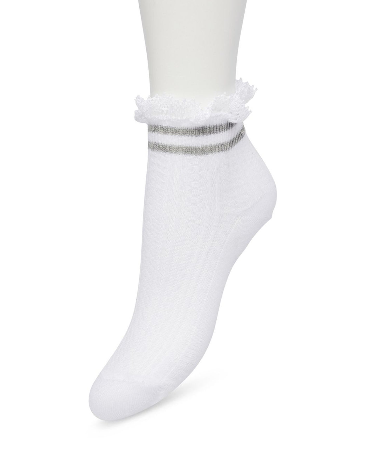 Bonnie Doon Sporty Lace Sock - Light weight white cable knitted style low ankle socks with a lace frill cuff with grey double sports stripe, shaped heel and flat toe seam.