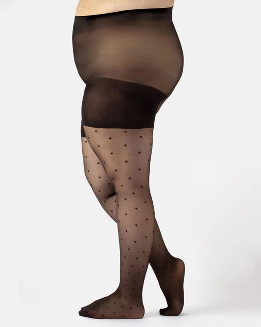 Calzitaly Curvy Polka Dot Tights - Sheer black curvy fashion plus size tights with a woven polka dot pattern. These tights are super stretchy making them fit well and comfortable with anti-chafing panels on the thighs, boxer brief, cotton gusset and flat seams.