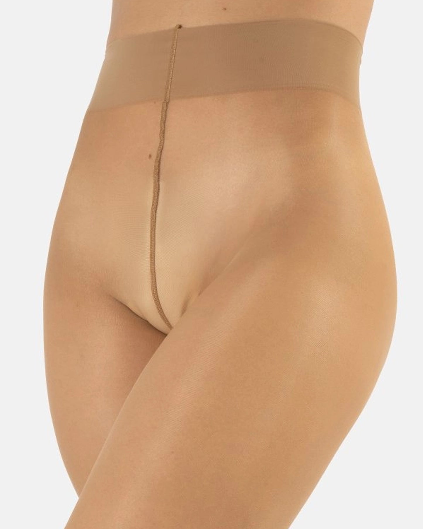 Calzitaly Coloured Sheer Tights - Sheer tan (suntan) tights close up detail of waist, with flat seams, cotton hygienic gusset, high waist and deep comfort waist band.