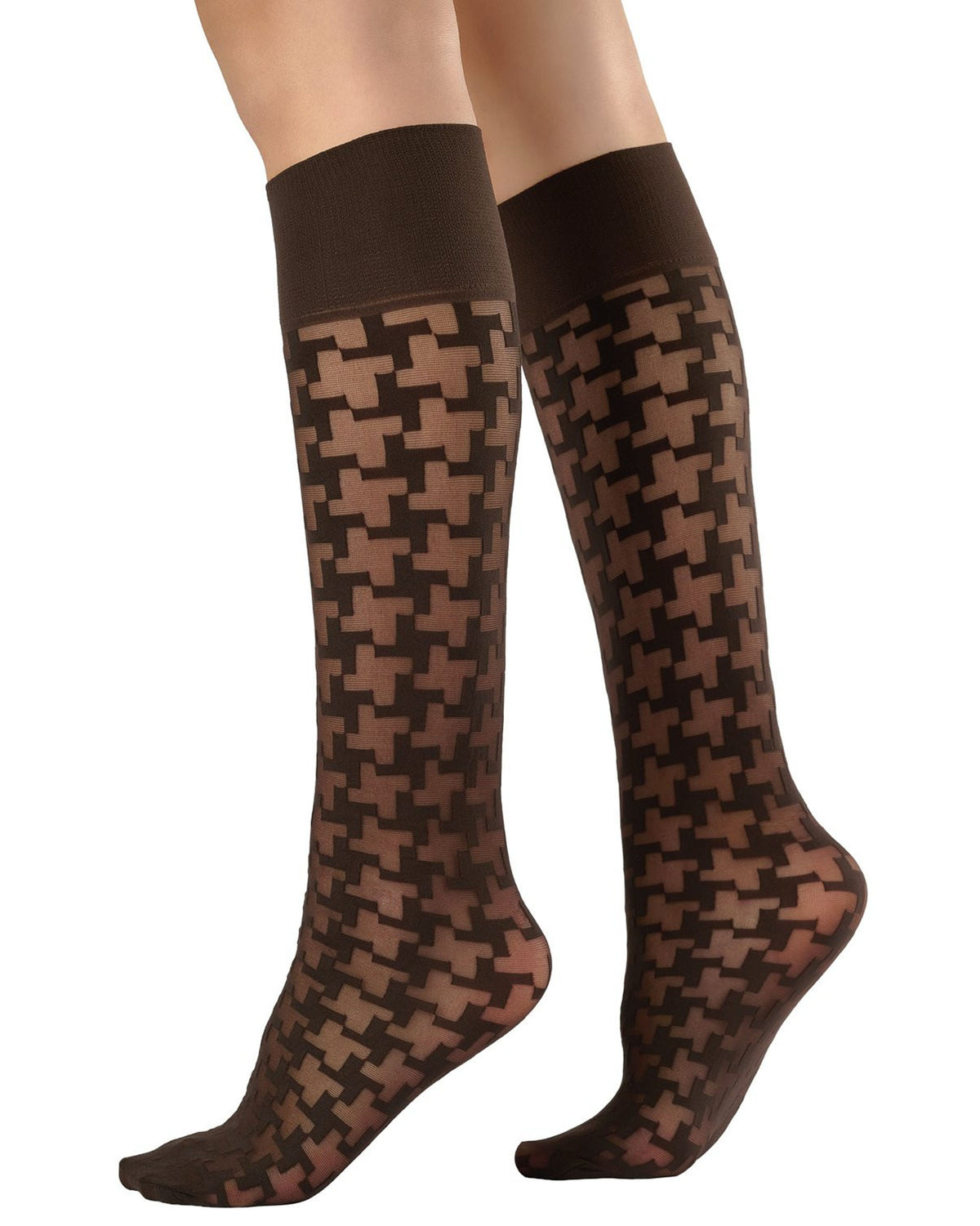 A pair of sheer knee-high socks with a brown houndstooth pattern, shown on a model's legs against a white background.