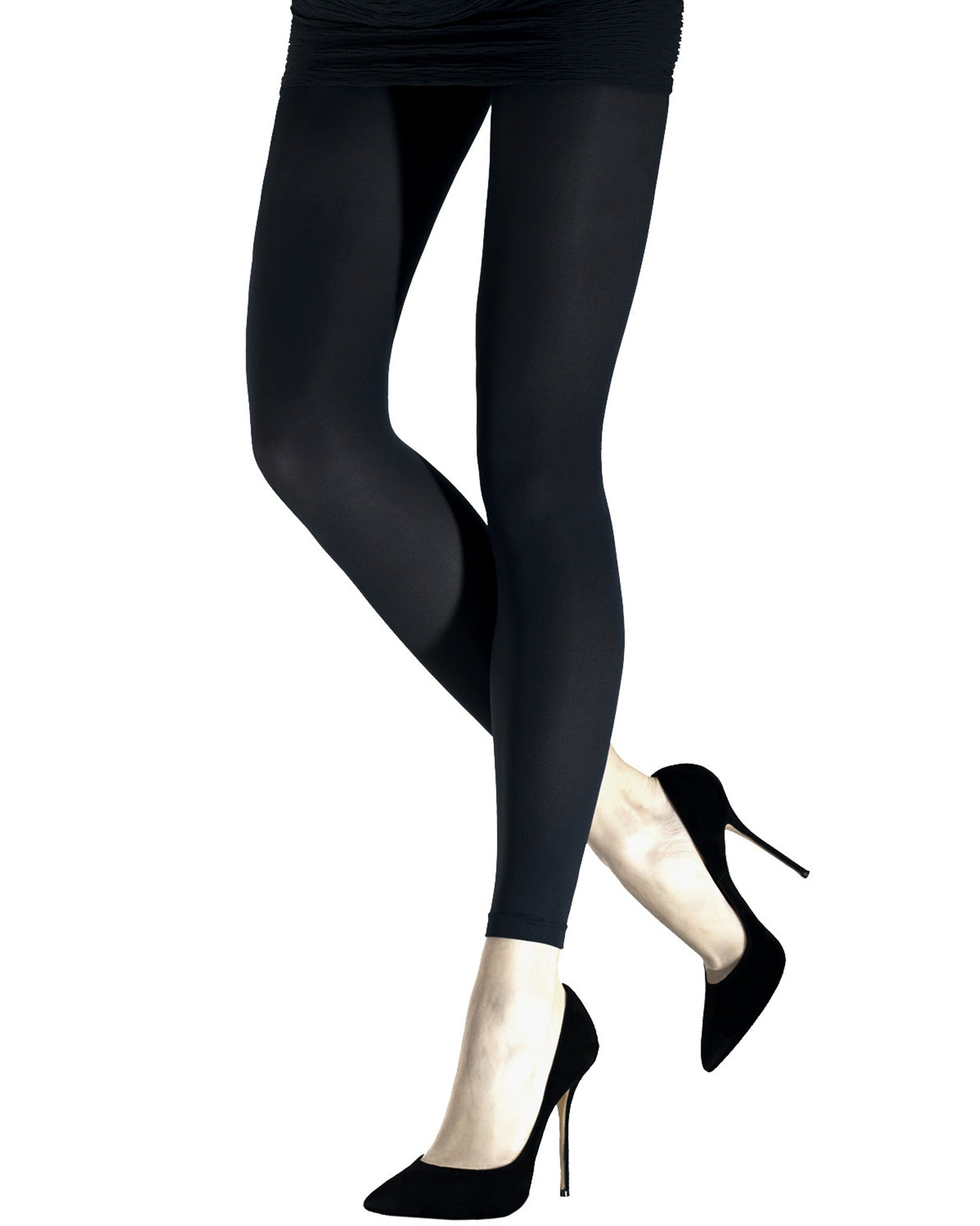 Emilio Cavallini 1176.90.2 Barely Opaque Leggings - Black footless tights worn with black mini skirt and stiletto high heels.