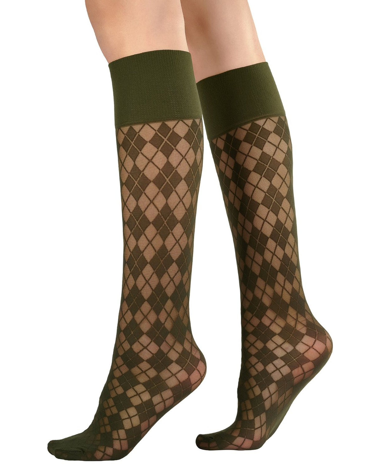 A pair of olive green knee-high socks with an argyle pattern, shown on a model's legs against a plain white background.