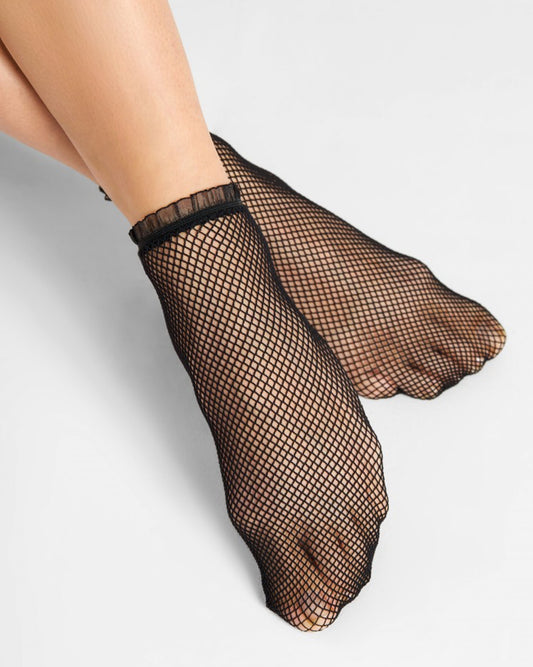 Fiore Alpha Socks - Black classic micro fishnet ankle socks with a small frilly tulle cuff.