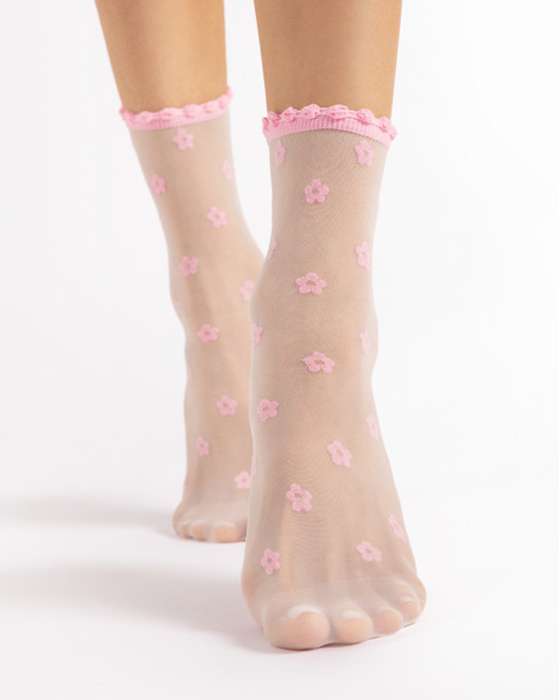 Fiore April Socks - Sheer pale pink fashion ankle socks with an all over daisy plower pattern, frilly scalloped cuff and sheer reinforced toe.
