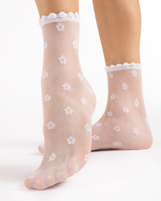 Fiore April Socks - Sheer white fashion ankle socks with an all over daisy plower pattern, frilly scalloped cuff and sheer reinforced toe.