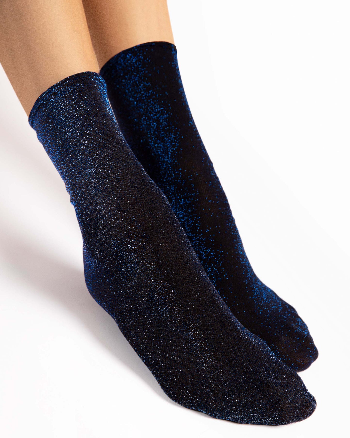 Fiore Bestie Socks - Black opaque tube ankle socks with sparkly blue lurex woven throughout.