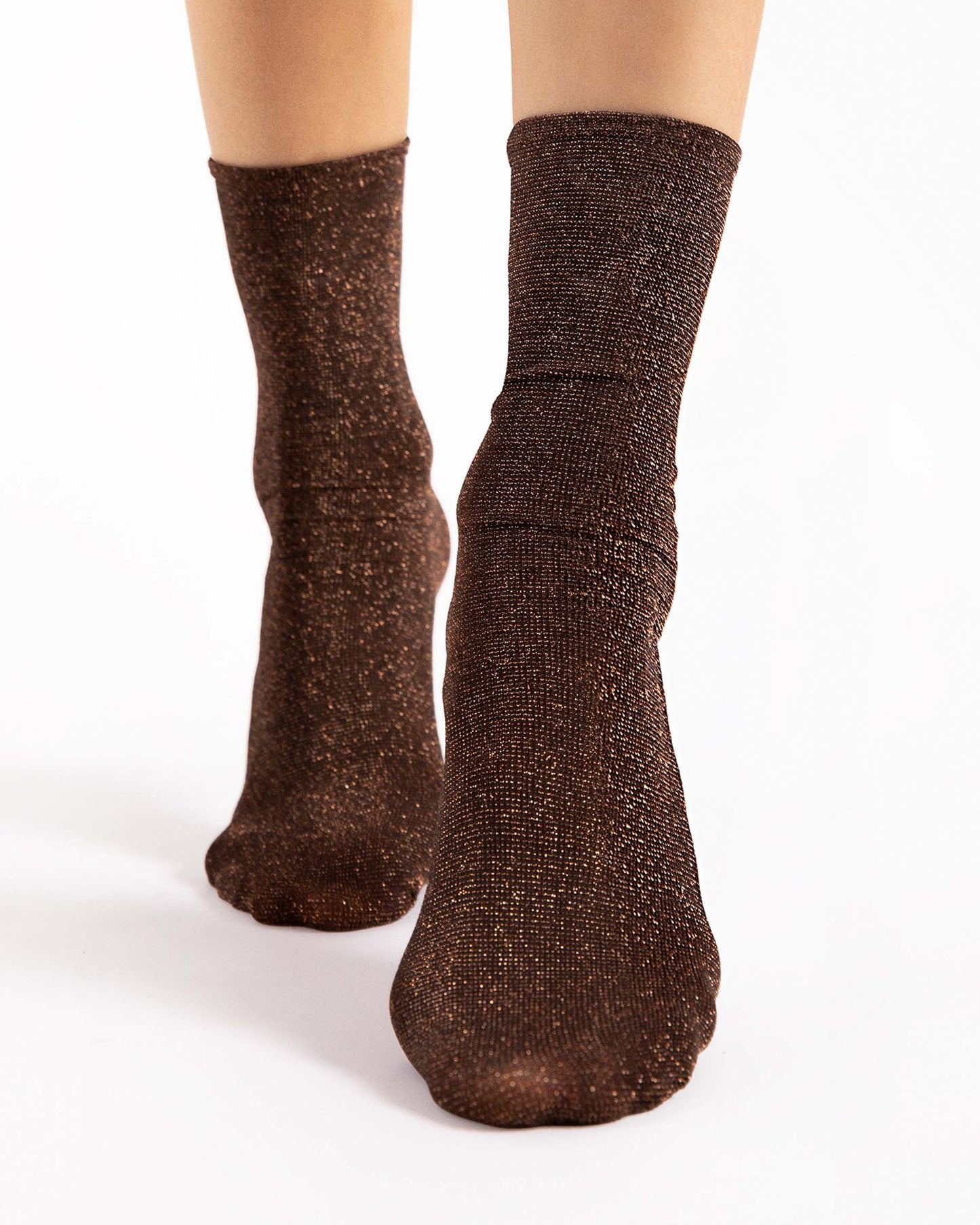 Fiore Bestie Socks - Black opaque tube ankle socks with sparkly copper bronze lurex woven throughout.