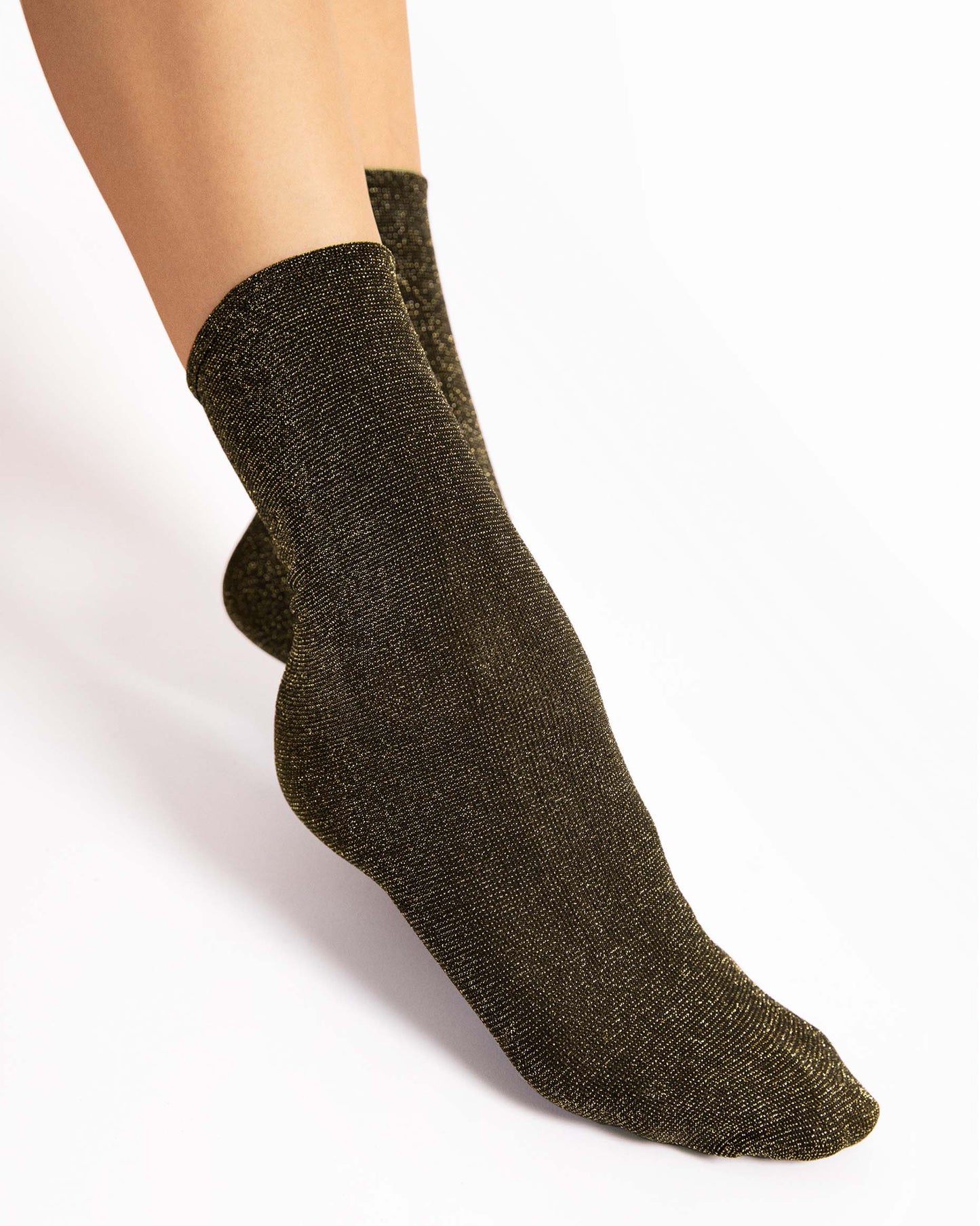 Fiore Bestie Socks - Black opaque tube ankle socks with sparkly gold lurex woven throughout.