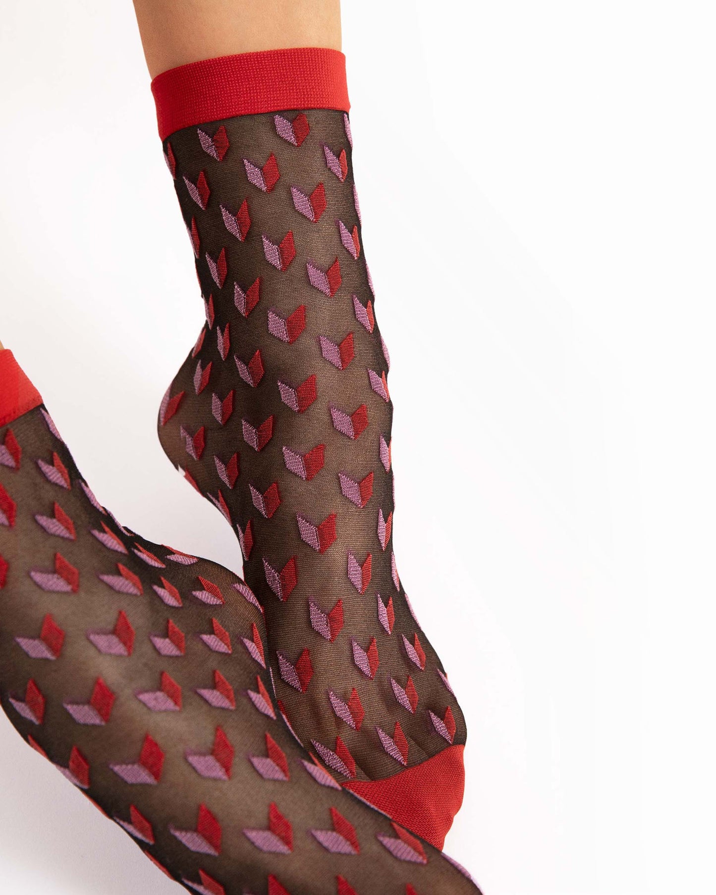 Fiore Dizzy Socks - Sheer black fashion ankle socks with an all over cube heart style pattern in red and light pink, red toe and cuff.