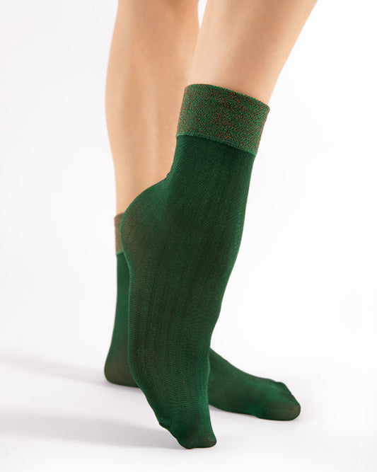 Fiore Gilt Socks - Glossy bottle green vertical striped fashion socks with a deep sparkly lamé cuff.