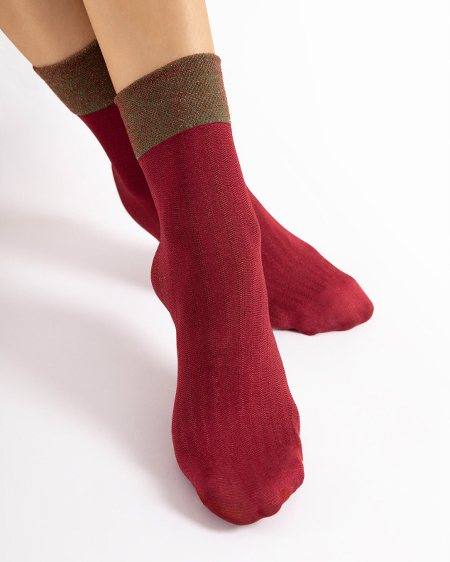 Fiore Gilt Socks - Glossy deep red vertical striped fashion socks with a deep green sparkly lamé cuff.